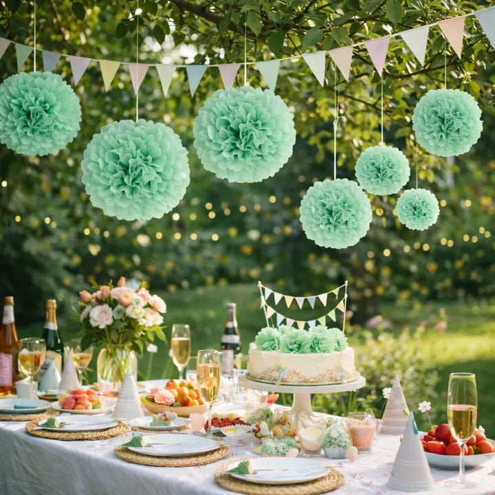 Pompons Papier de Soie Vert Menthe Minimaliste