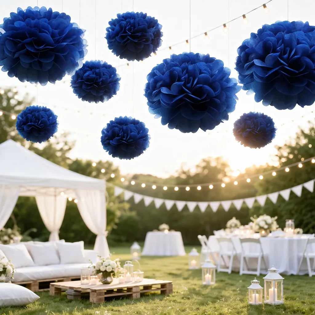 Pompons en Papier de Soie Bleus Unique