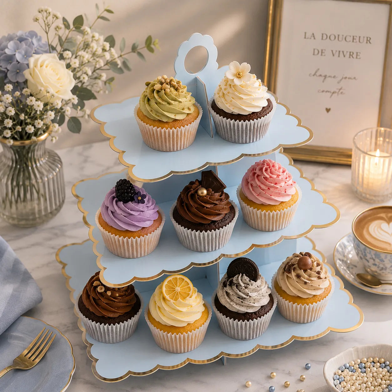 Présentoir Carré Bleu En Carton à Cupcakes moderne