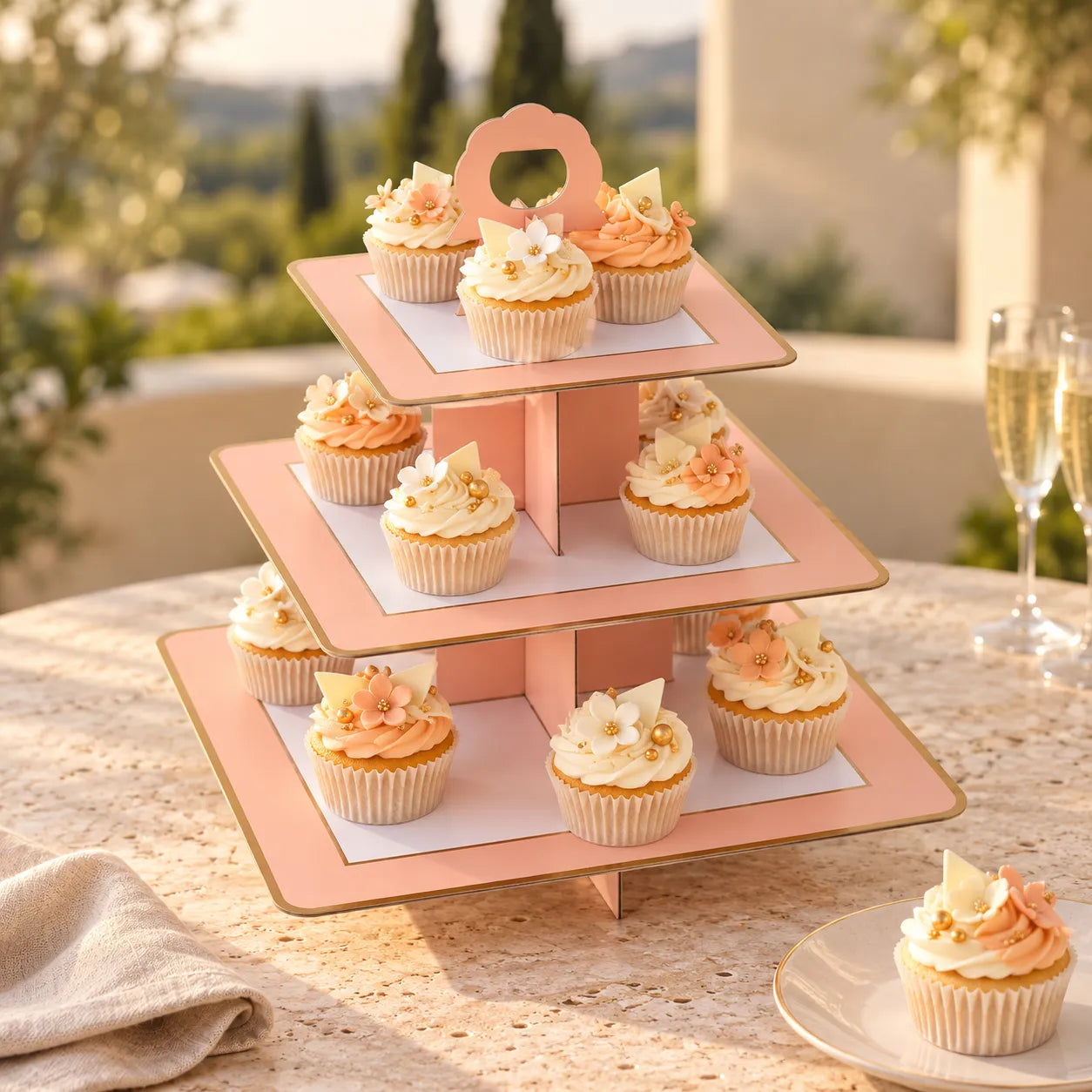 Présentoir Cupcake Carré Rose et Blanc élégant