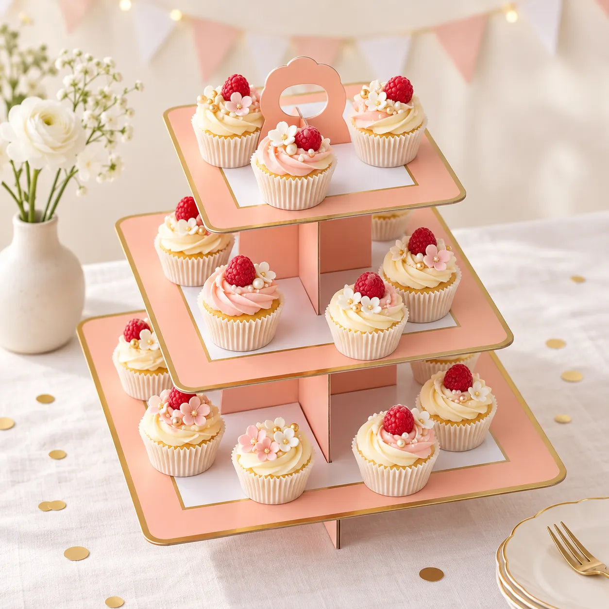 Présentoir Cupcake Carré Rose et Blanc raffiné