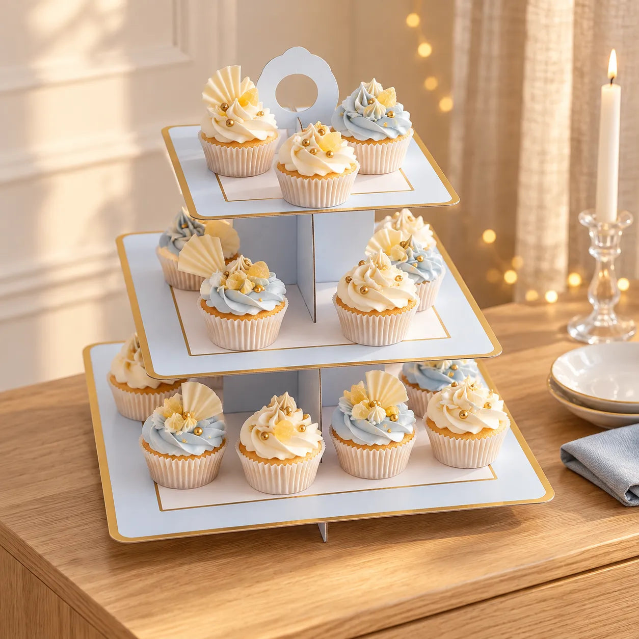 Présentoir Cupcake Carton Bleu et Blanc chic