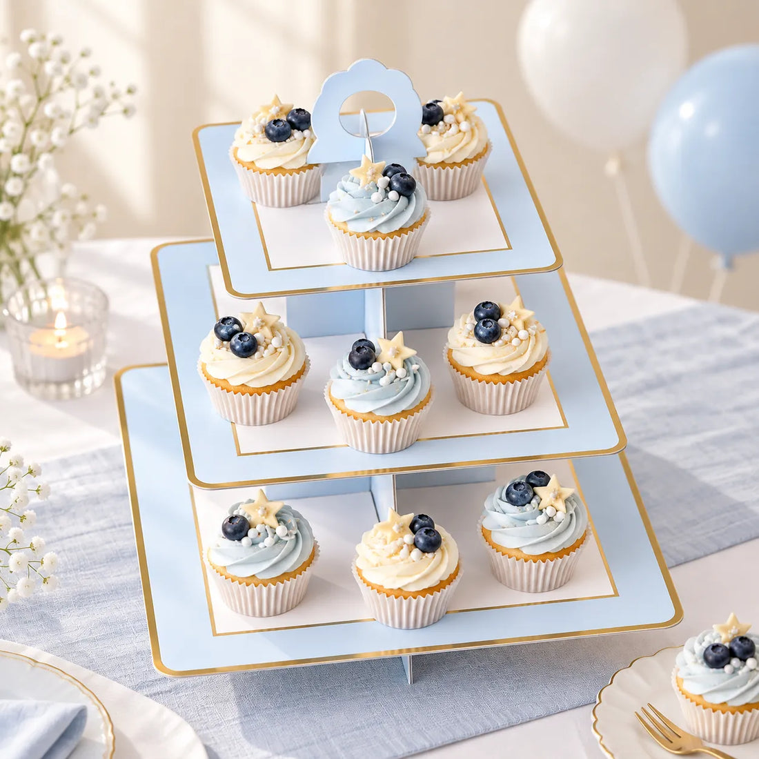 Présentoir Cupcake Carton Bleu et Blanc élégant