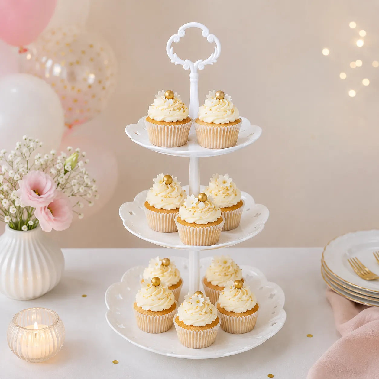 Présentoir à Cupcakes Blanc à 3 Niveaux