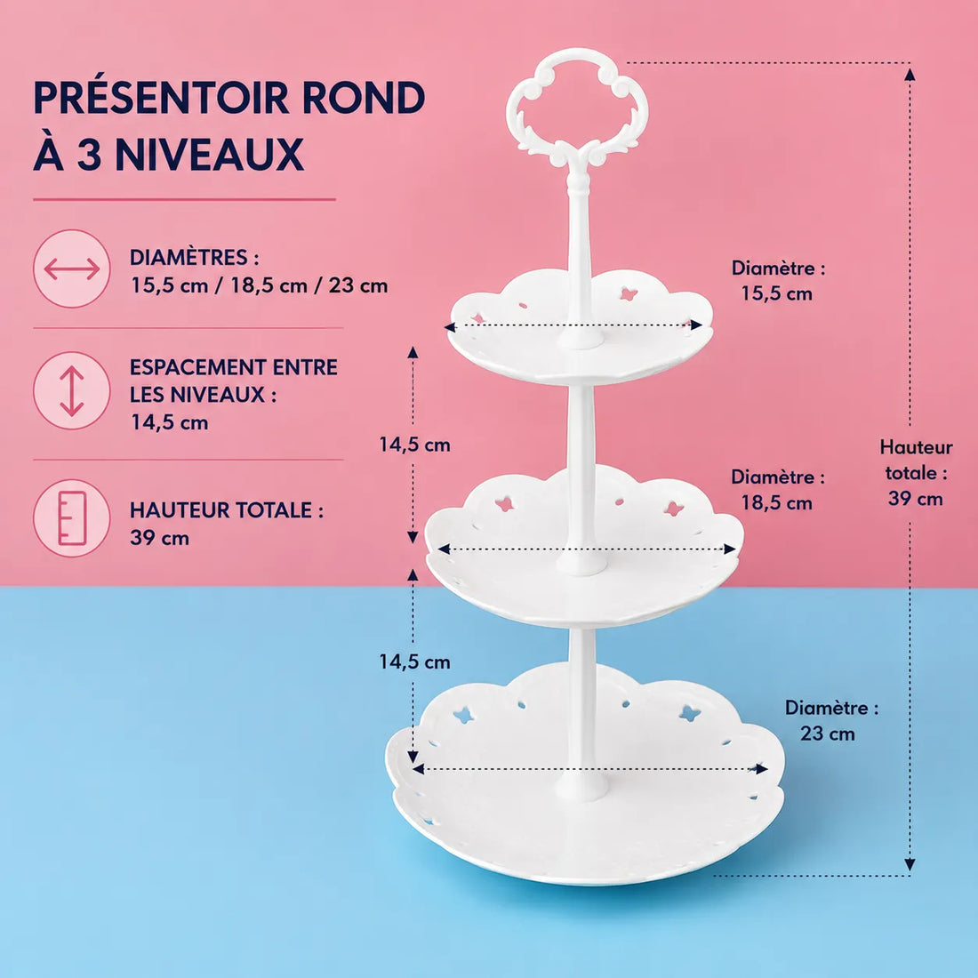 Présentoir à Cupcakes Blanc à 3 Niveaux Festif