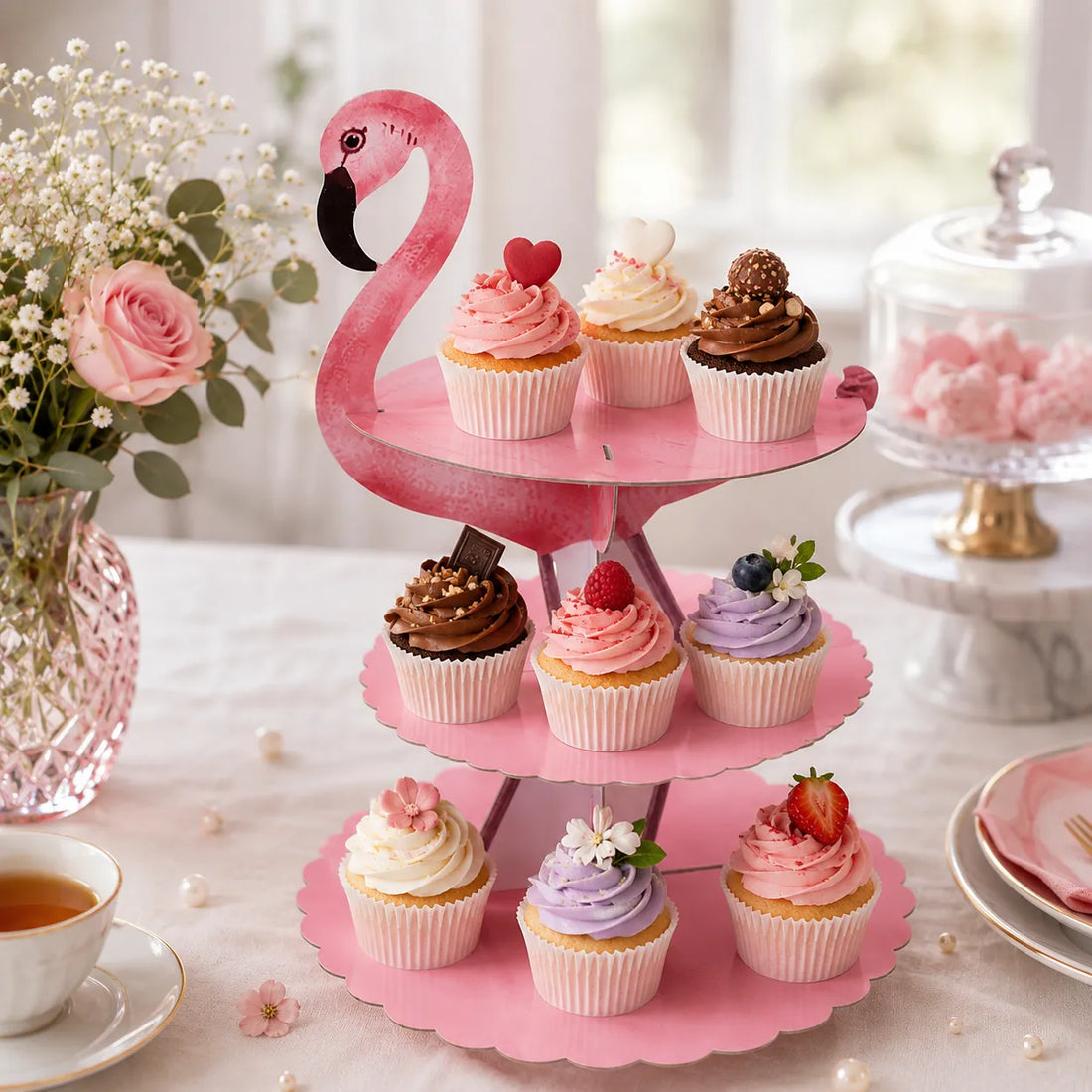 Présentoir à Cupcakes Flamant Rose tropical