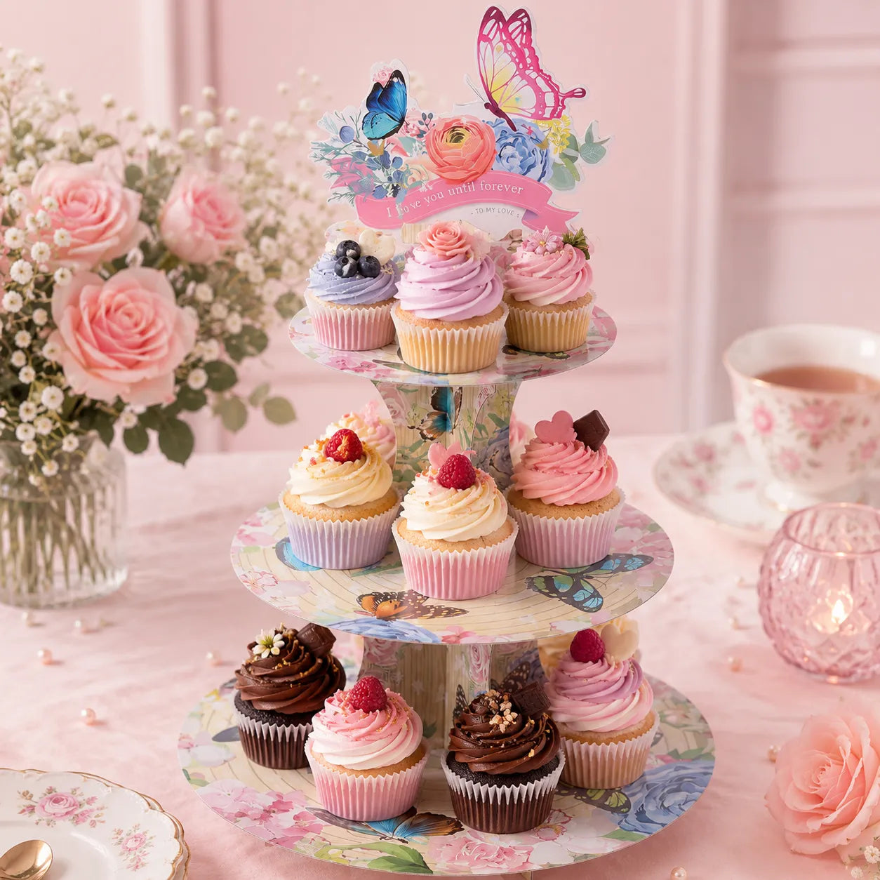 Présentoir à Cupcakes Papillons romantique