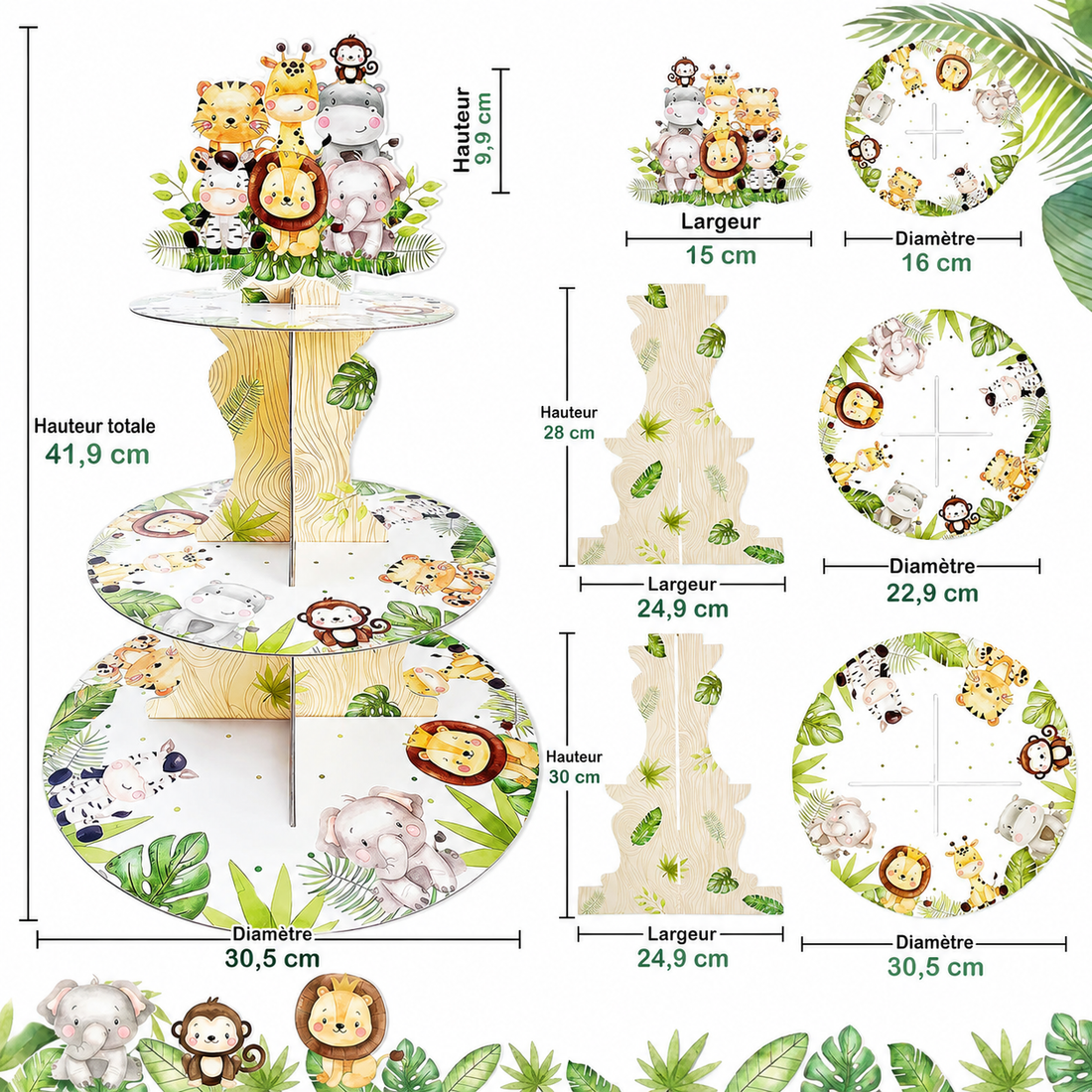 Présentoir à Cupcakes Thème Jungle Dimensions