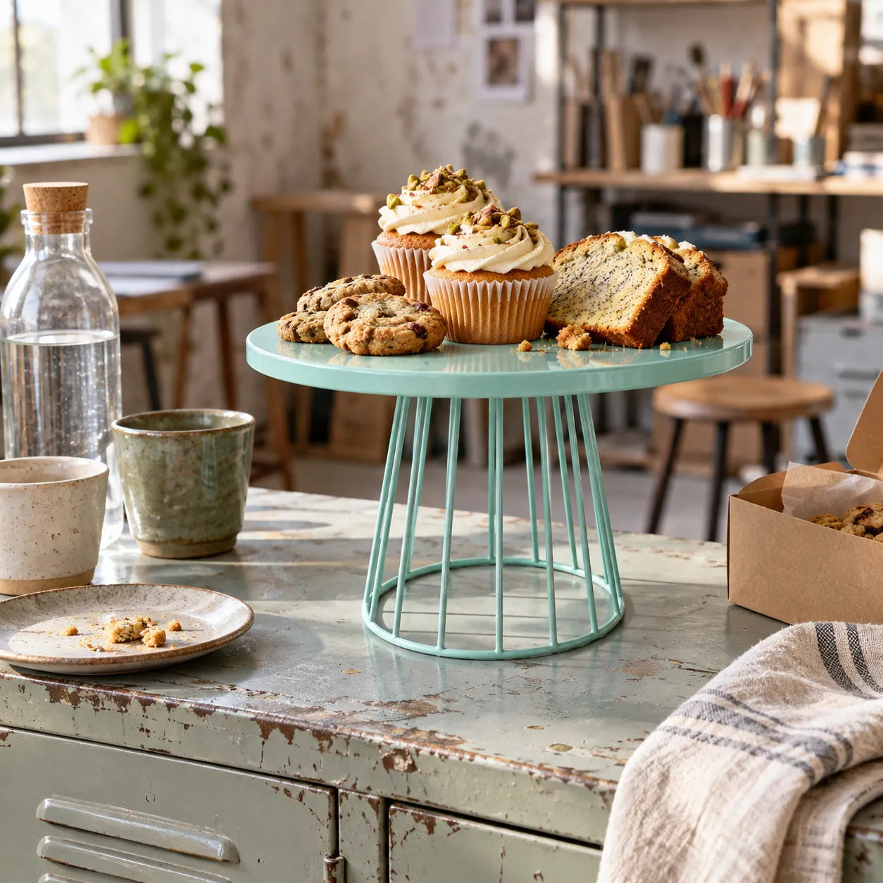 Présentoir à Gâteau Bleu En Métal Design
