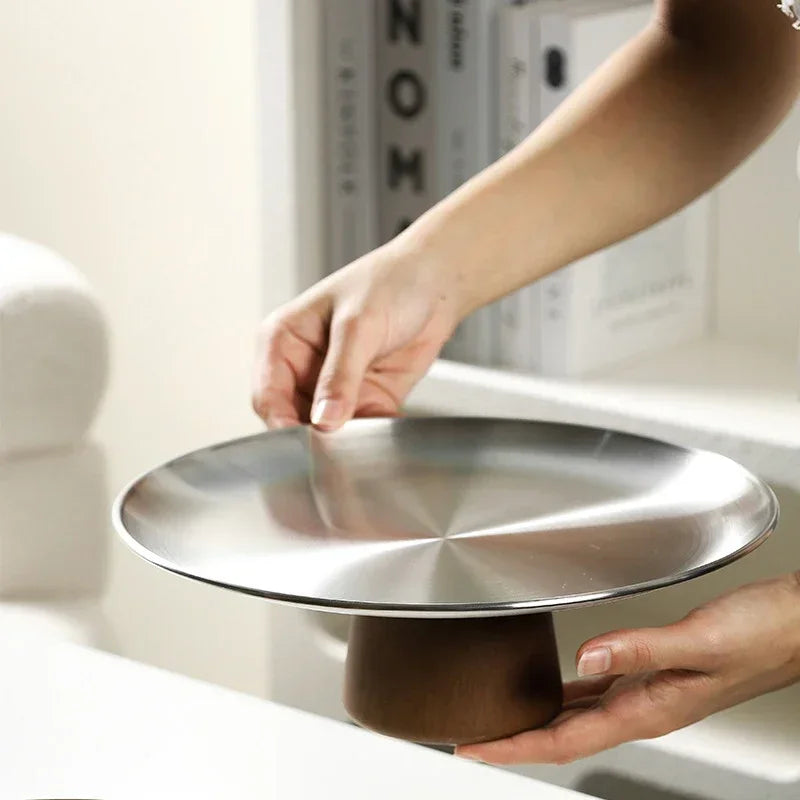 Présentoir Gâteau en Bois et Inox Argenté Unique