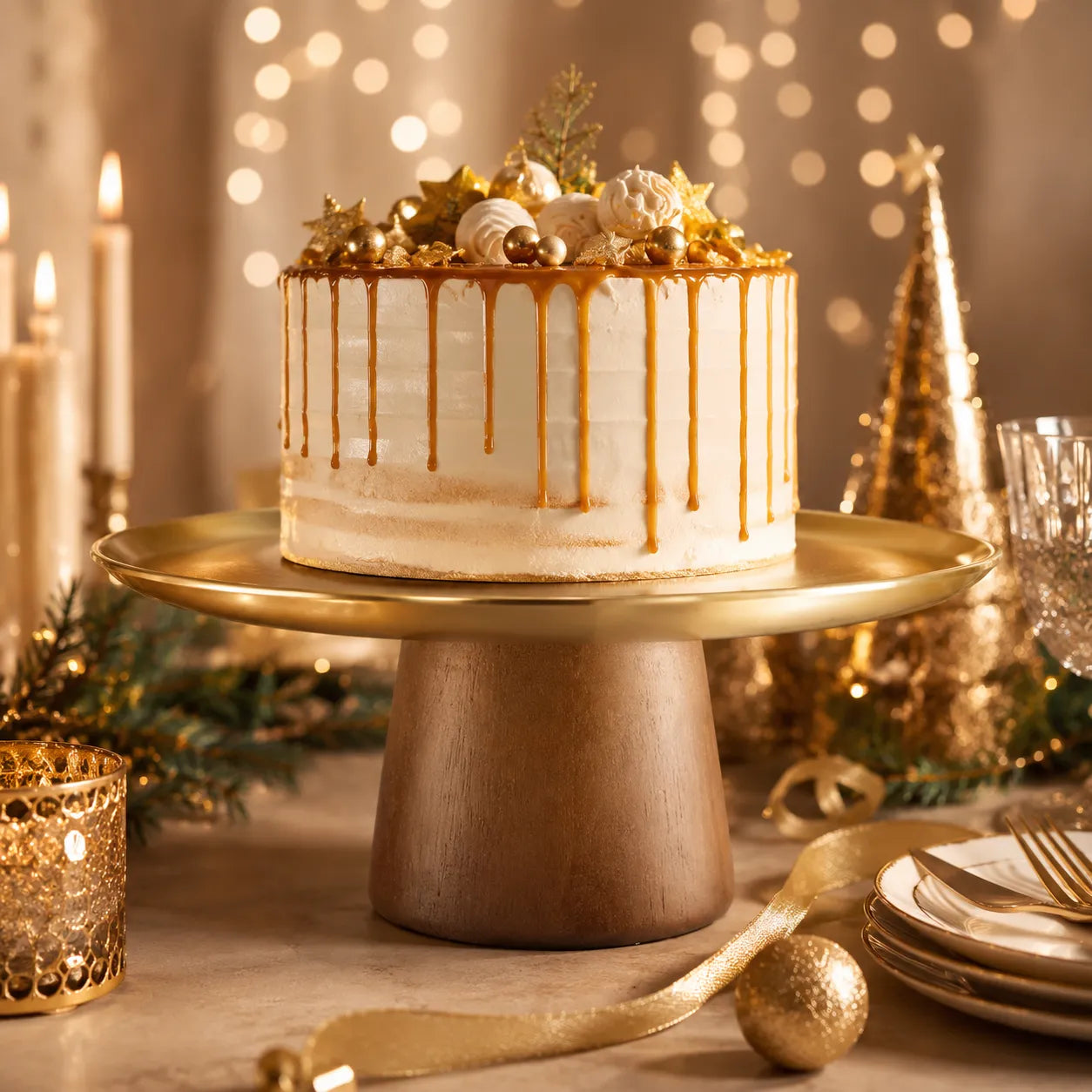 Présentoir à Gâteau en Bois et Inox Doré