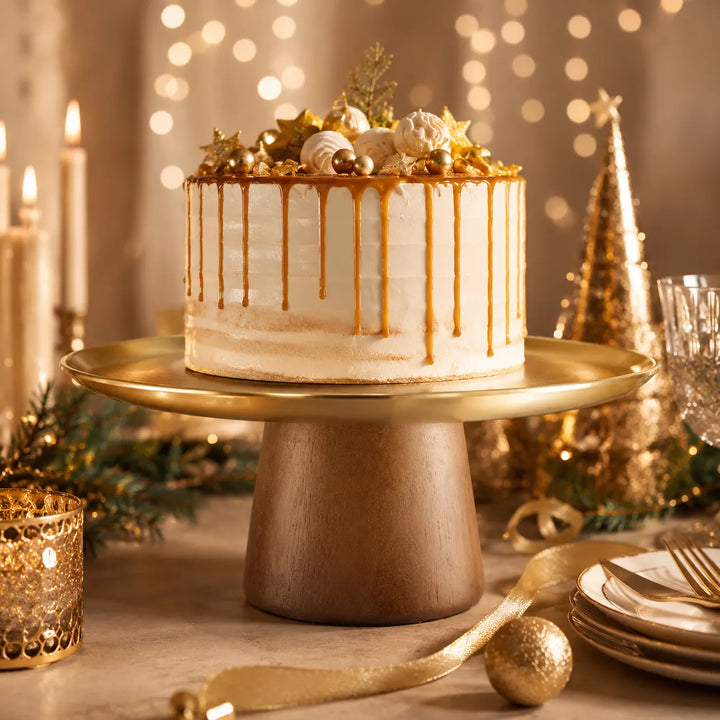 Présentoir à Gâteau en Bois et Inox Doré