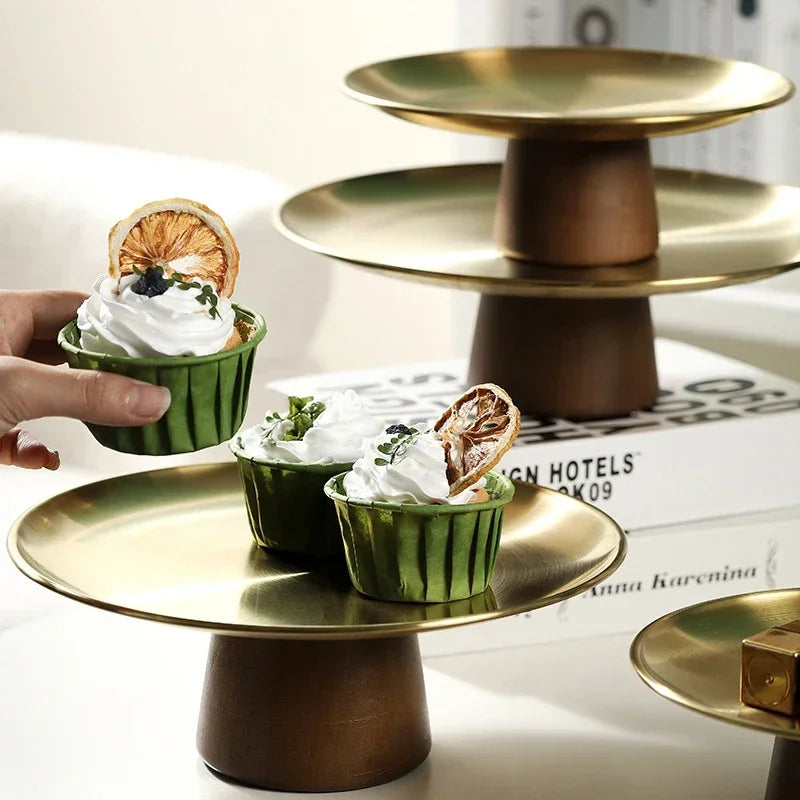 Présentoir à Gâteau en Bois et Inox Doré Moderne
