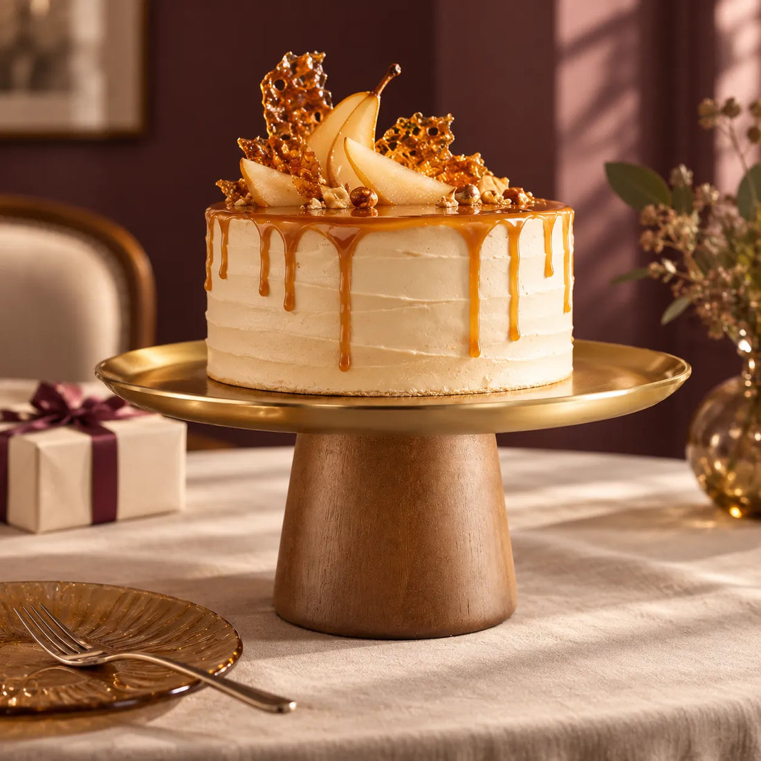 Présentoir Gâteau en Bois et Inox Doré luxe