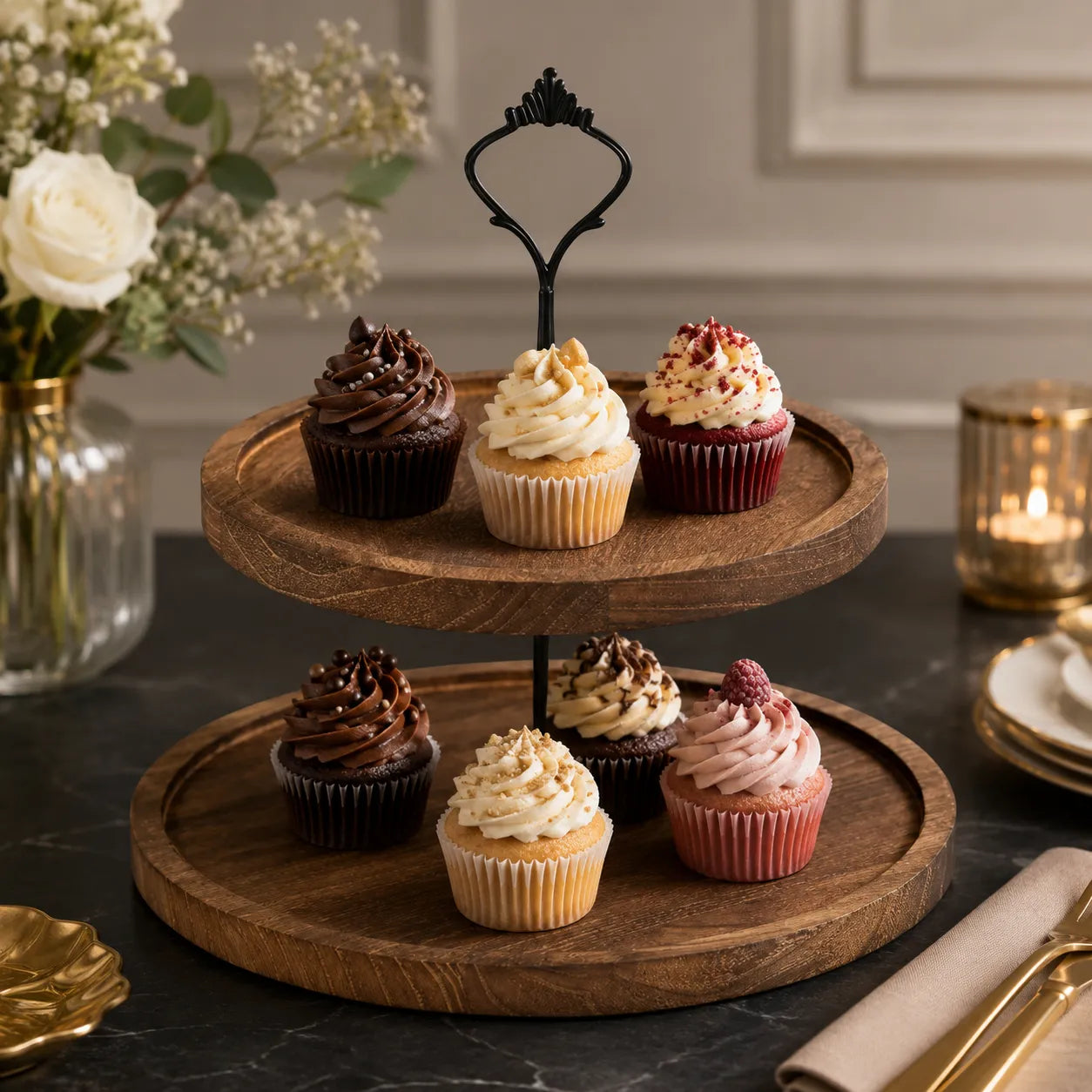 Présentoir Rond à Cupcake en Bois Foncé