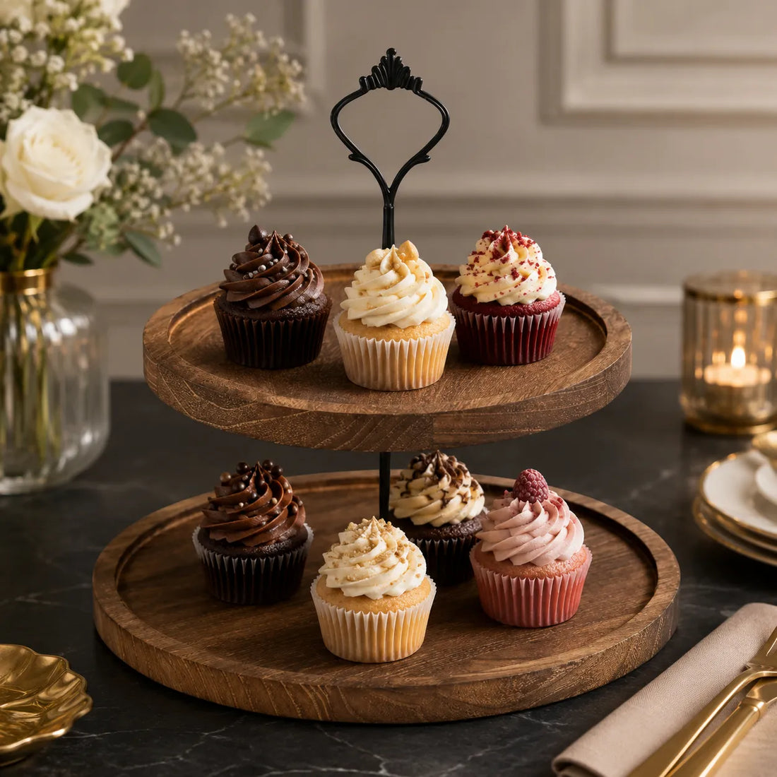 Présentoir Rond à Cupcake en Bois Foncé