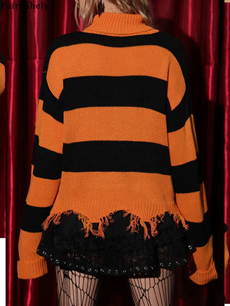 Pull Halloween Rayé Orange et Noir Femme Dos