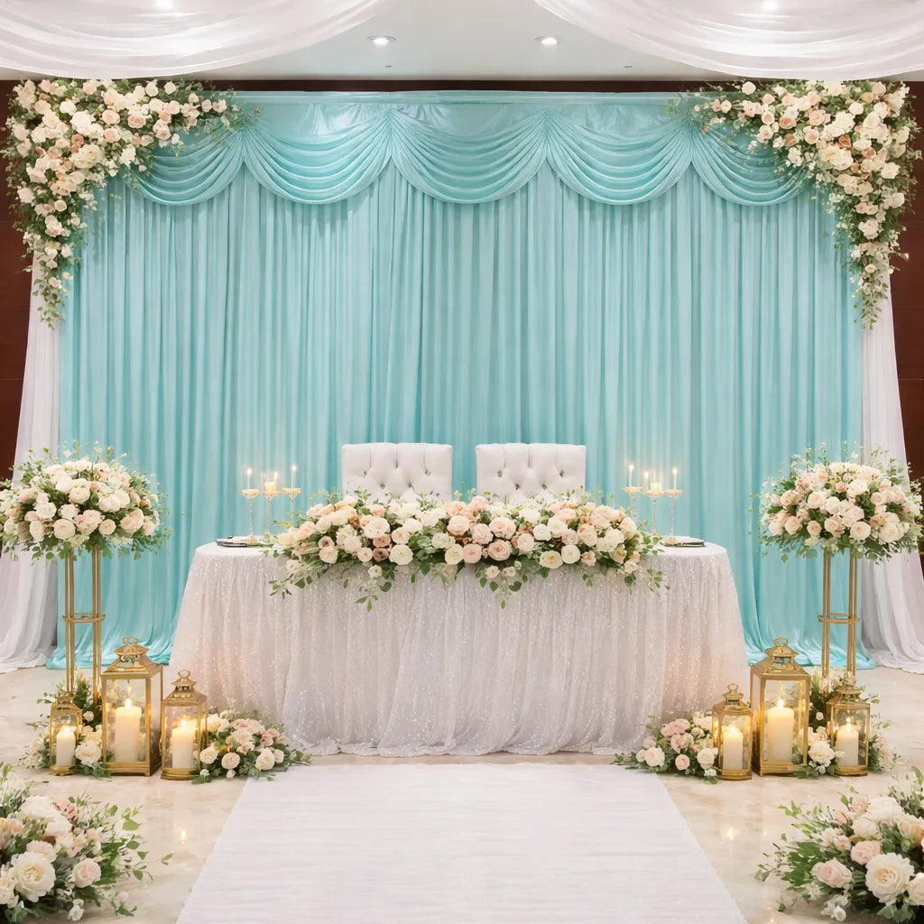 Rideau Mariage Bleu en Soie à Cantonnière Drapé