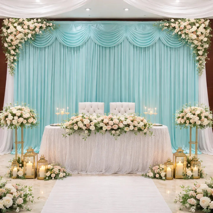 Rideau Mariage Bleu en Soie à Cantonnière Drapé