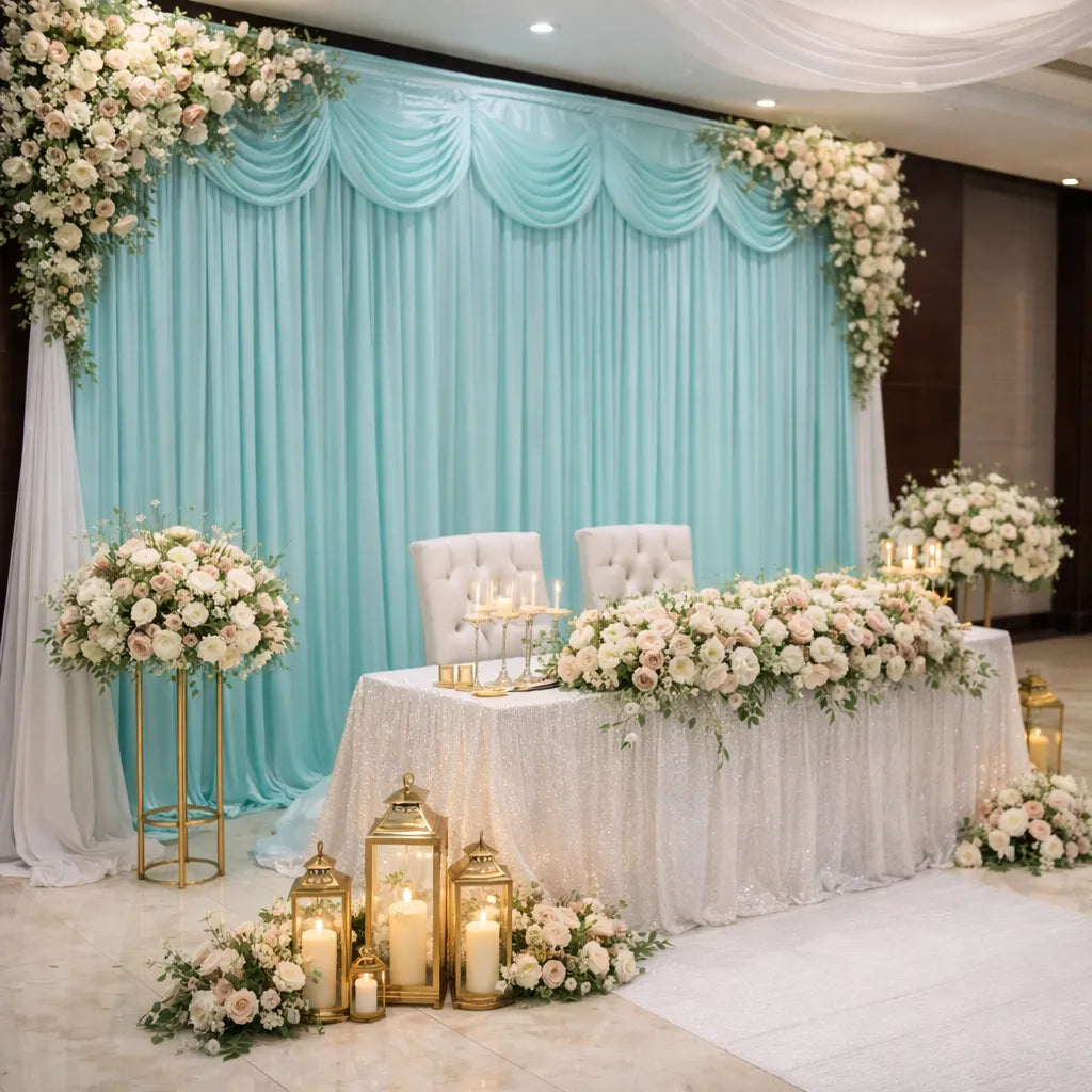 Rideau Mariage Bleu en Soie à Cantonnière Drapé Unique