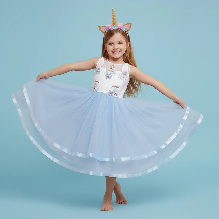 Robe Bouffante Bleue Licorne Fille