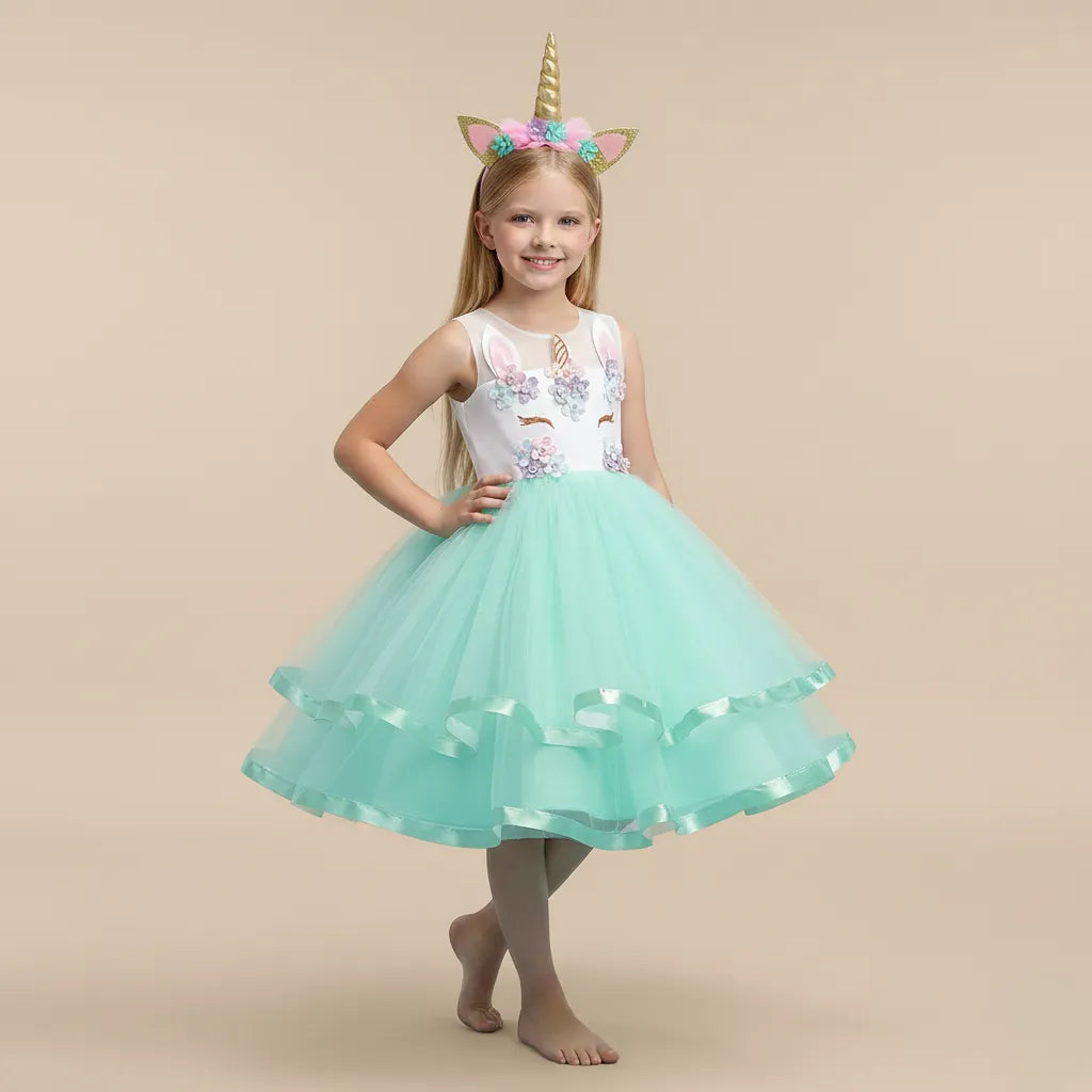 Robe Bouffante Verte Licorne Fille