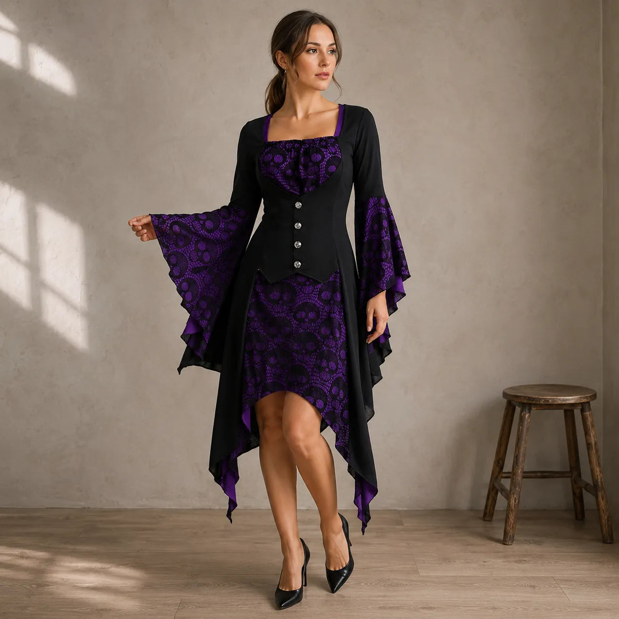 Robe Courte Cosplay Vampire Noir et Violet Design