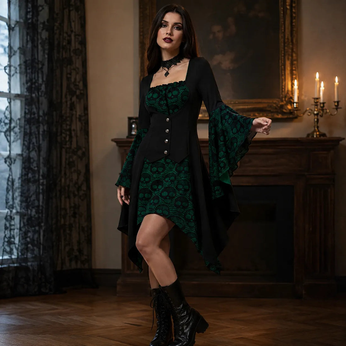 Robe Courte Cosplay Vampire Noire et Verte Cool