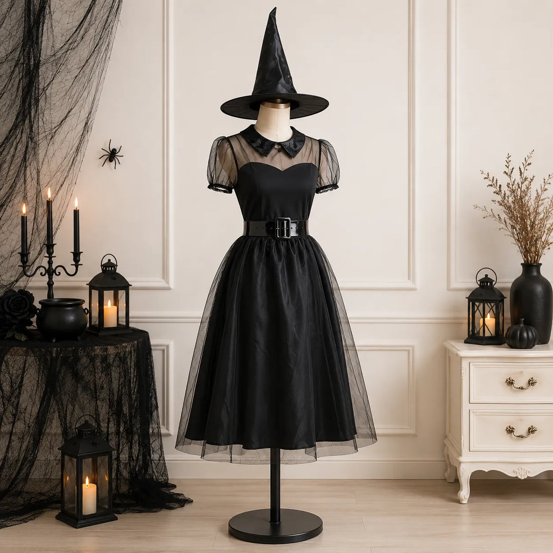 Robe Sorcière à Voile Noire raffiné