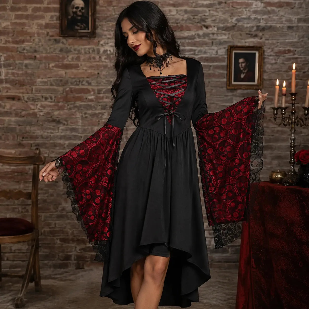 Robe Vampire Rouge et Noir Halloween Elégant
