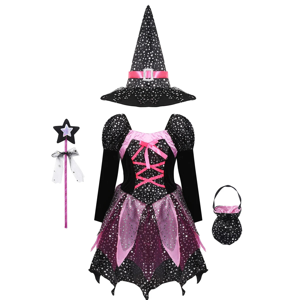Robe de Sorcière Noire et Rose Complet