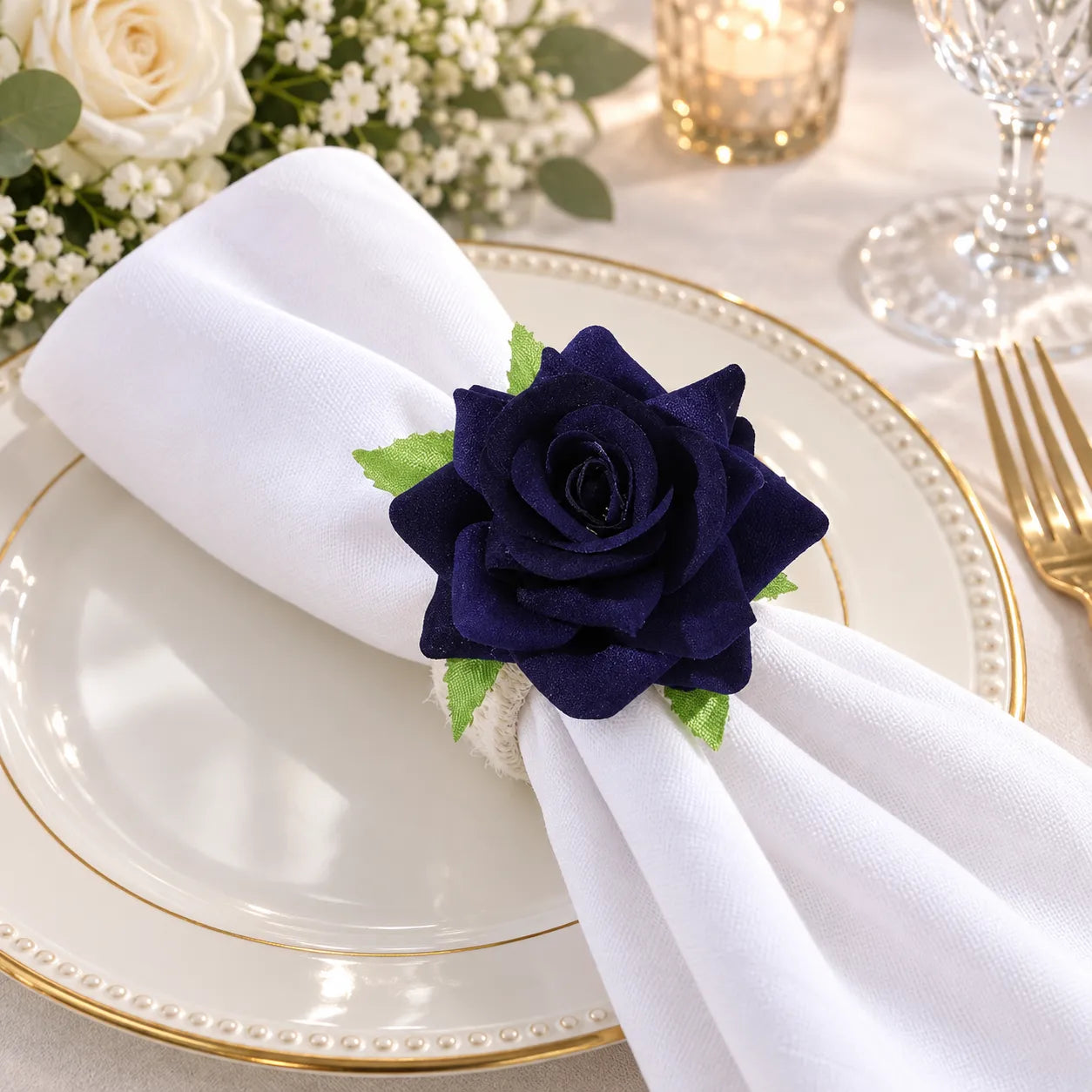 Rond de Serviette Mariage Fleur Bleu élégant