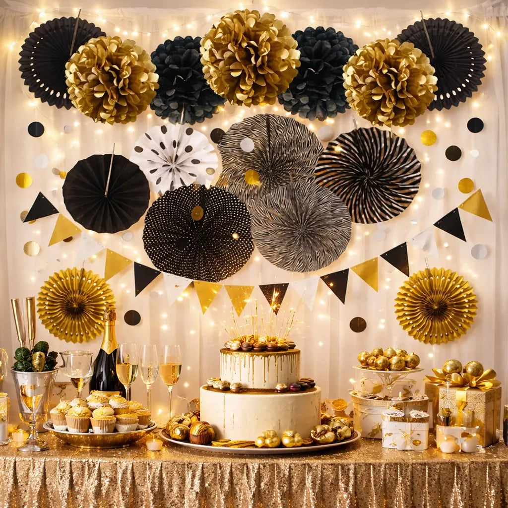 Rosaces et Pompons Noirs et Dorés