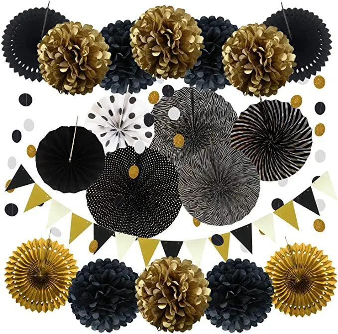 Rosaces et Pompons Noirs et Dorés Elégant