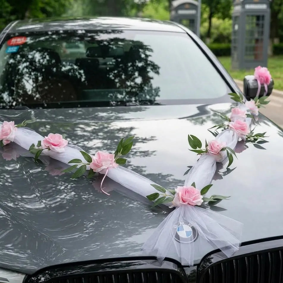 Ruban Déco Voiture Mariage à Fleurs Roses Chic