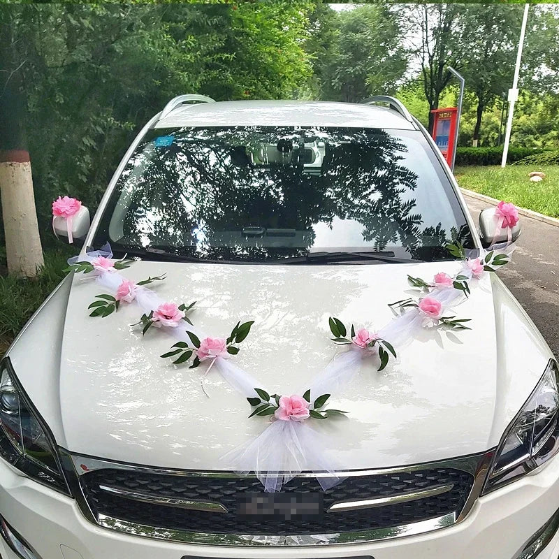 Ruban Déco Voiture Mariage à Fleurs Roses Romantique
