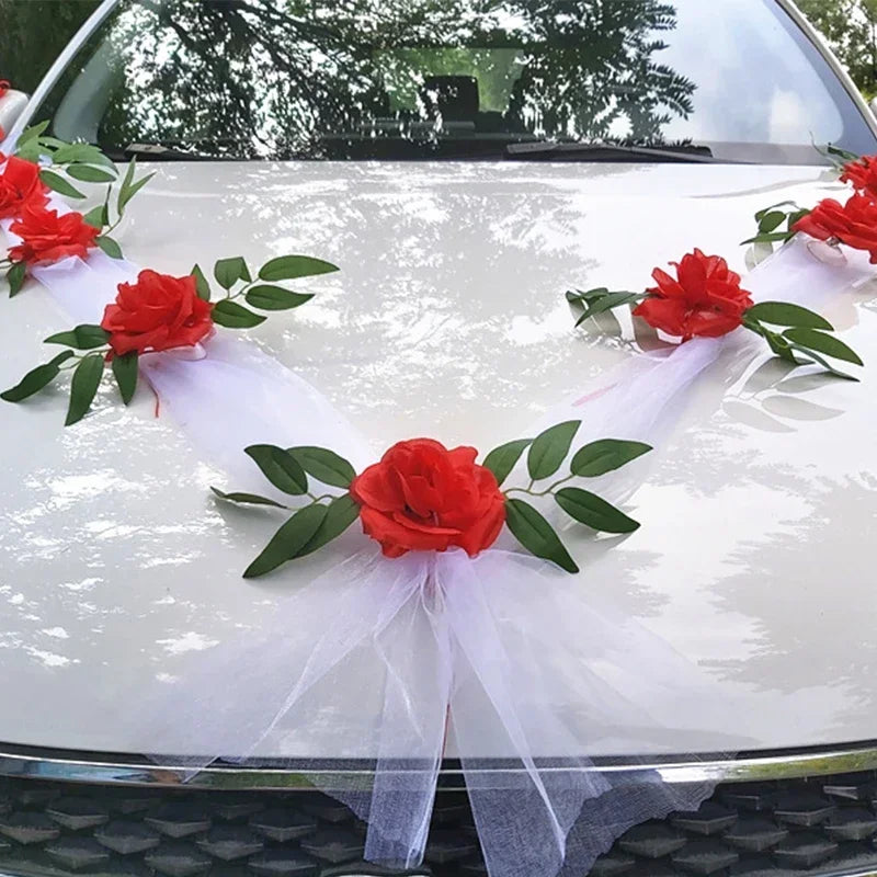 Ruban à Fleurs Rouge Décoratif Voiture Mariage Raffiné