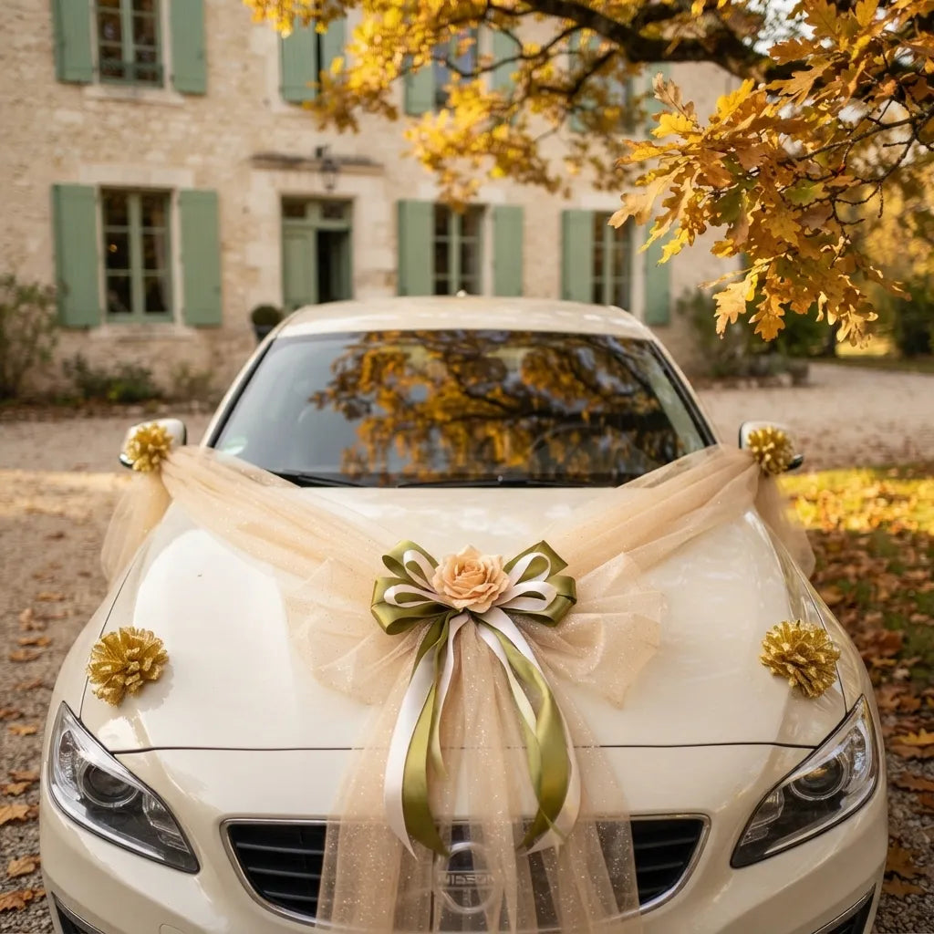 Ruban à Nœud Champagne pour Voiture Mariage Brillant