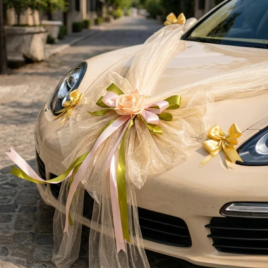 Ruban à Nœud Champagne pour Voiture Mariage Raffiné