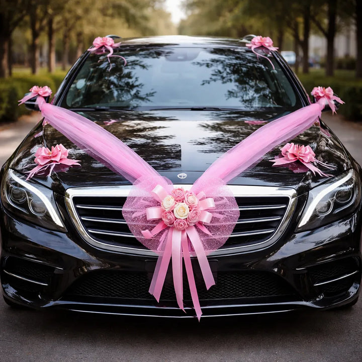 Ruban à Nœud Fleuri Rose Voiture Mariage