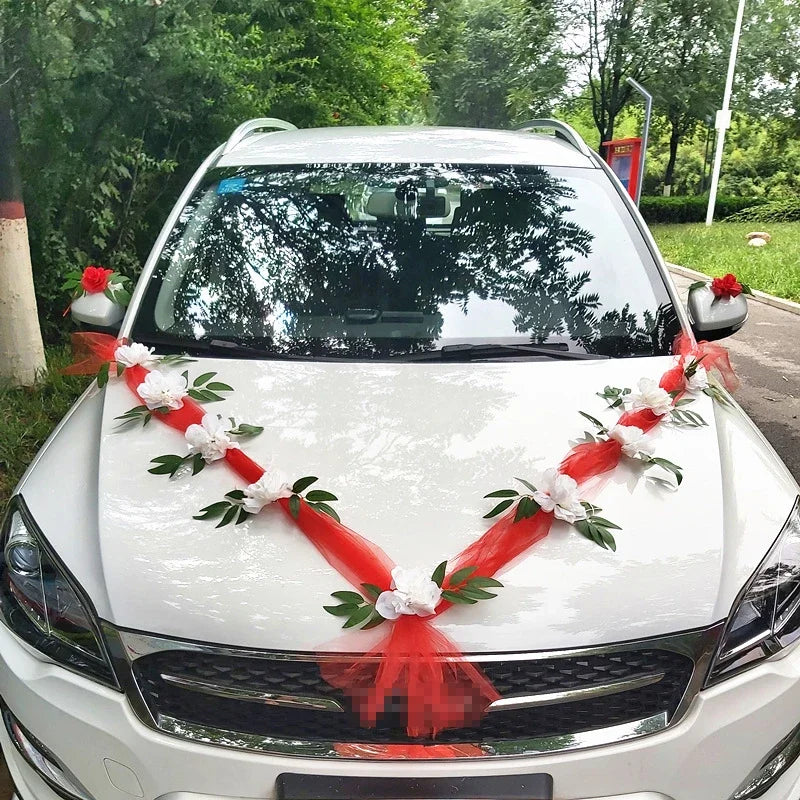 Ruban Rouge à Fleurs Blanches pour Voiture Mariage