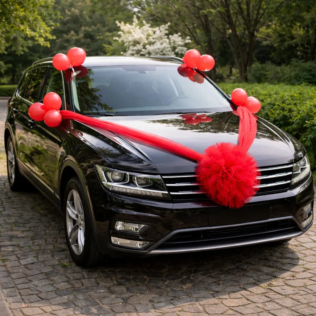 Ruban de Voile Rouge pour Voiture Mariage Elégant