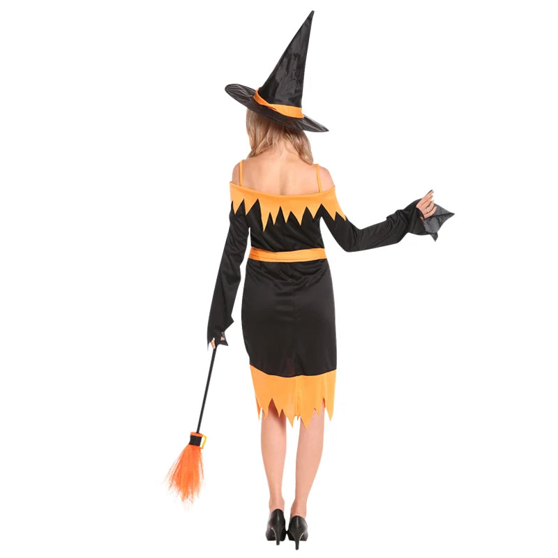 Déguisement Sorcière Orange et noir avec Chapeau