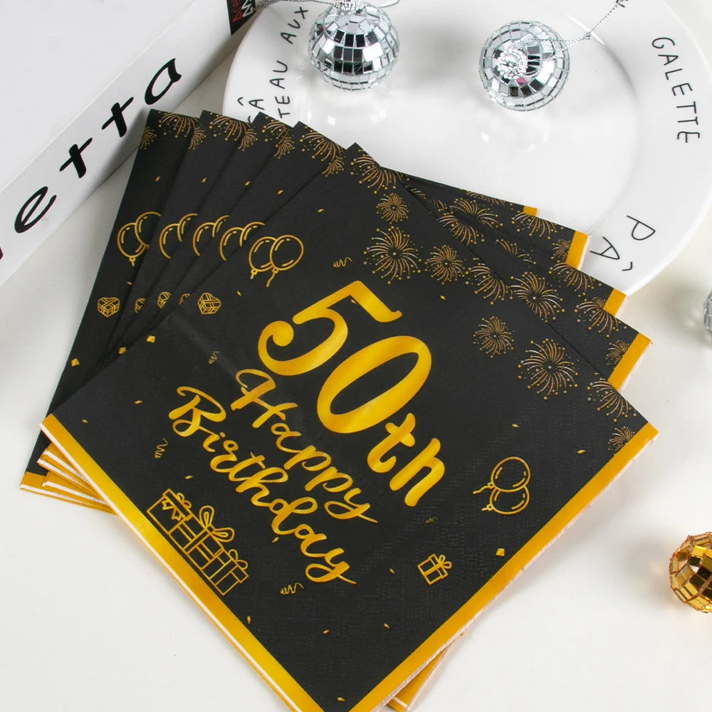 Serviette 50th Happy Birthday Noir et Or