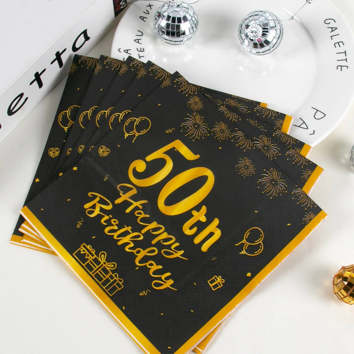 Serviette 50th Happy Birthday Noir et Or