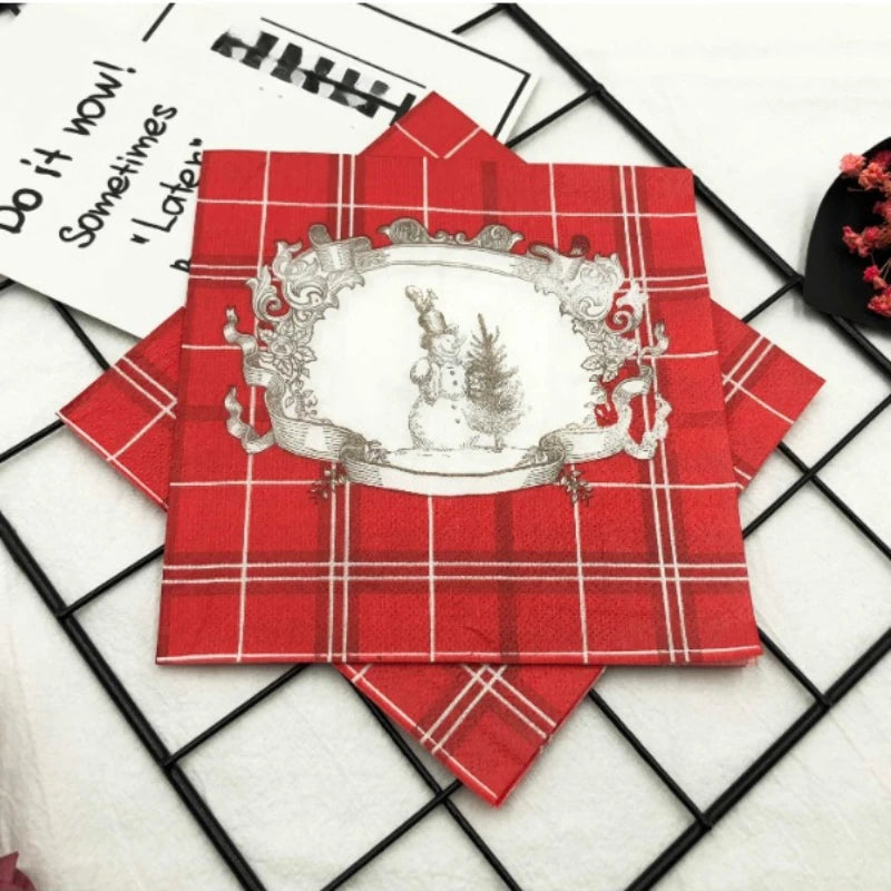 Serviette Noël Carreaux Rouge Bonhomme de Neige