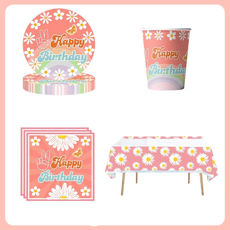 Kit Vaisselle Happy Birthday Fleuri Rose