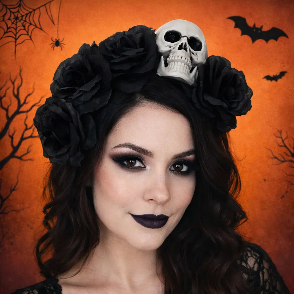 Serre-Tête Fleurs Noir Crâne