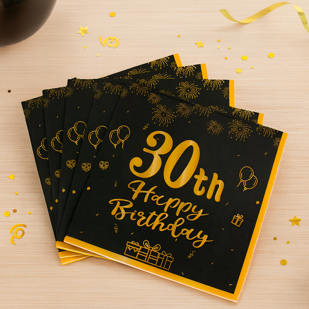 Serviette 30th Happy Birthday Noir et Or