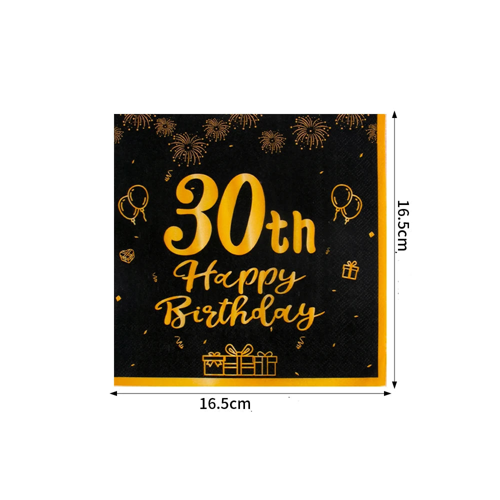 Serviette 30th Happy Birthday Noir et Or Chic